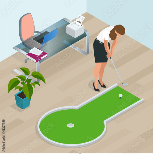 Businesswoman playing mini golf in his office. Perfect for products such as t-shirts, pillows, album covers, websites, flyers, posters or any design