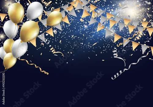 Gold and silver party flags with confetti and balloon. Celebration design with shining particles Vector