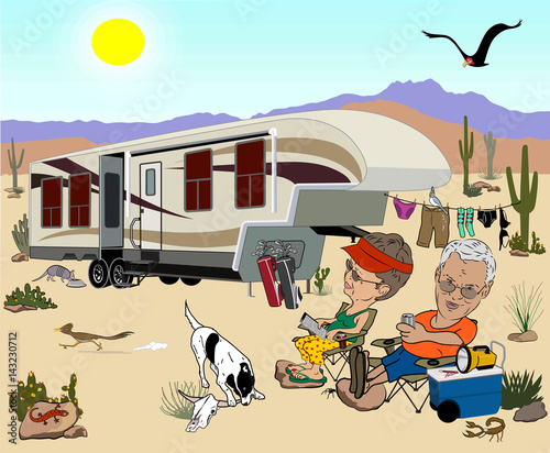 Cartoon with an older couple with a large fifth wheel camping  in the desert, they are relaxing in lawn chairs with drinks, and there are lots of desert animals, cacti around them. 