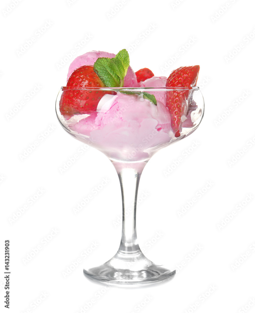 Scoops of delicious ice-cream with strawberry in glass bowl on white background Scoops of delicious ice-cream with strawberry in glass bowl on white background