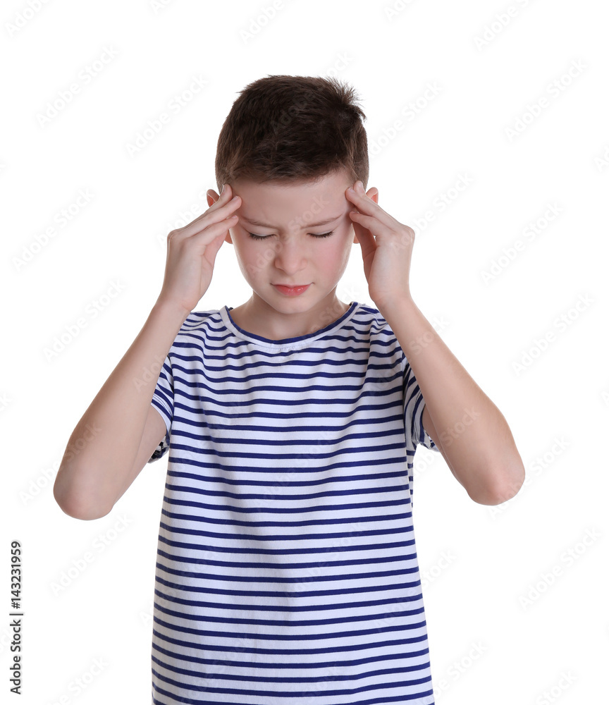 Cute boy suffering from headache on white background Cute boy suffering from headache on white background