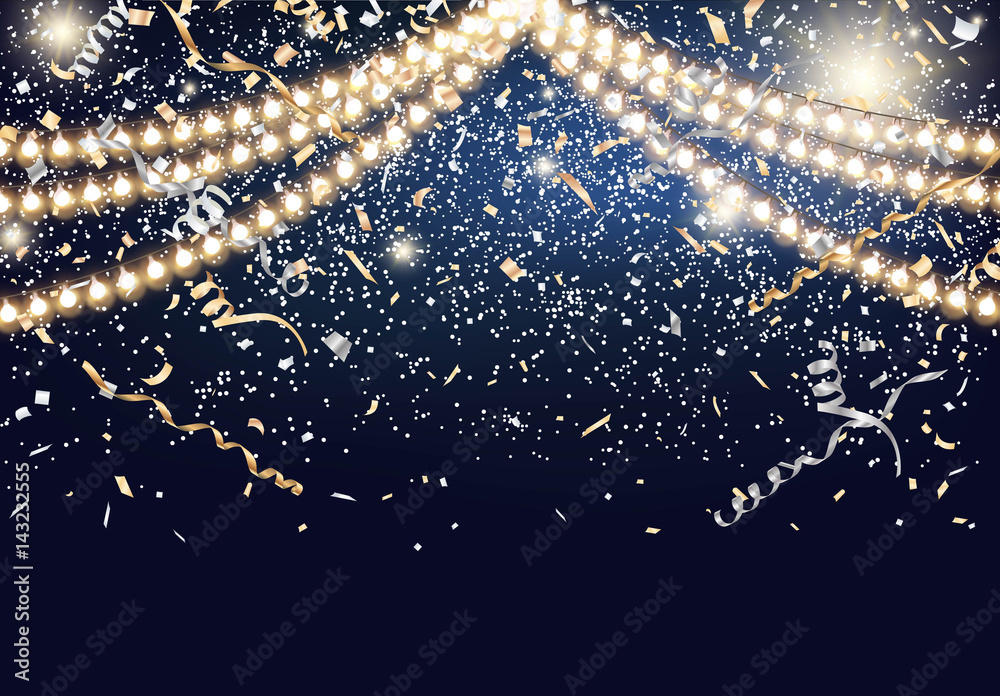Festival background with string lights and confetti Vector - obrazy, fototapety, plakaty 