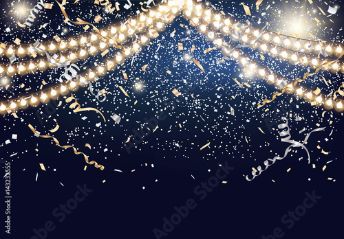 Festival background with string lights and confetti Vector photo