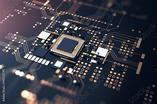 3d rendering  of futuristic blue circuit board photo