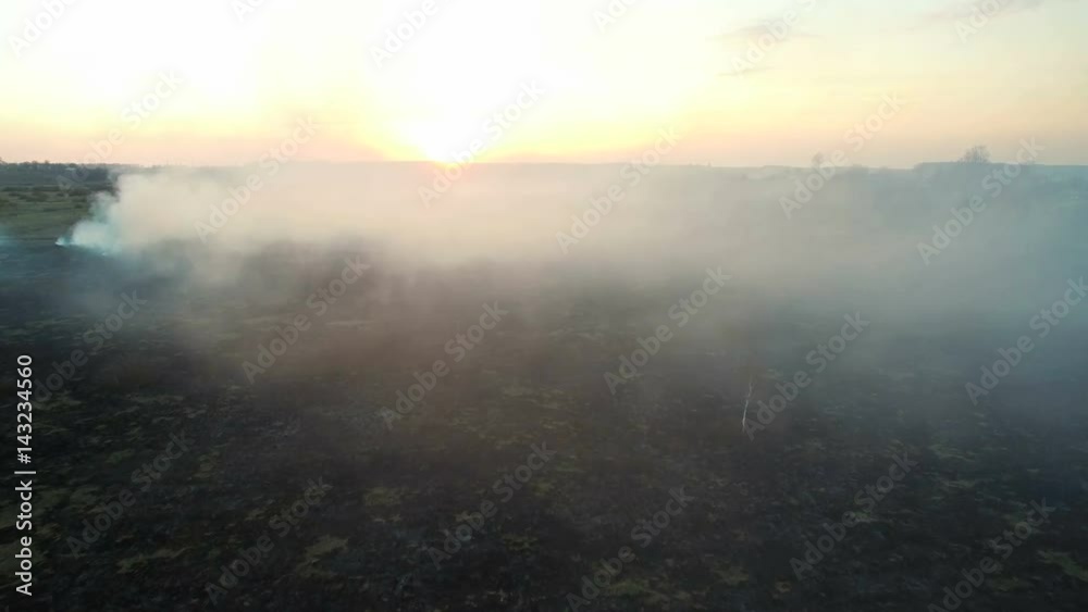 Burning fields at sunset. Large-scale fire, the view from the top. The camera flies through the thick smoke. Smog in a large area Burning fields at sunset. Large-scale fire, the view from the top. The camera flies through the thick smoke. Smog in a large area