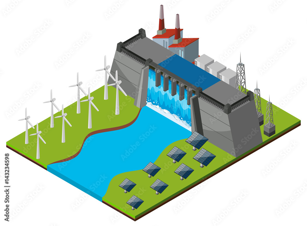 Dam with turbines and solar cells Dam with turbines and solar cells