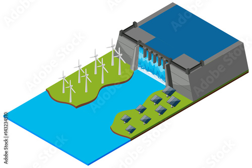Dam with wind turbines and solar cells