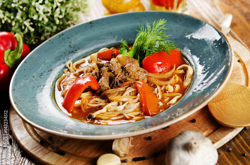 Noodles with mutton and vegetables. Central Asian cuisine. Lagman
