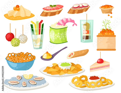 Various meat canape snacks appetizer fish and cheese banquet snacks on platter vector illustration.