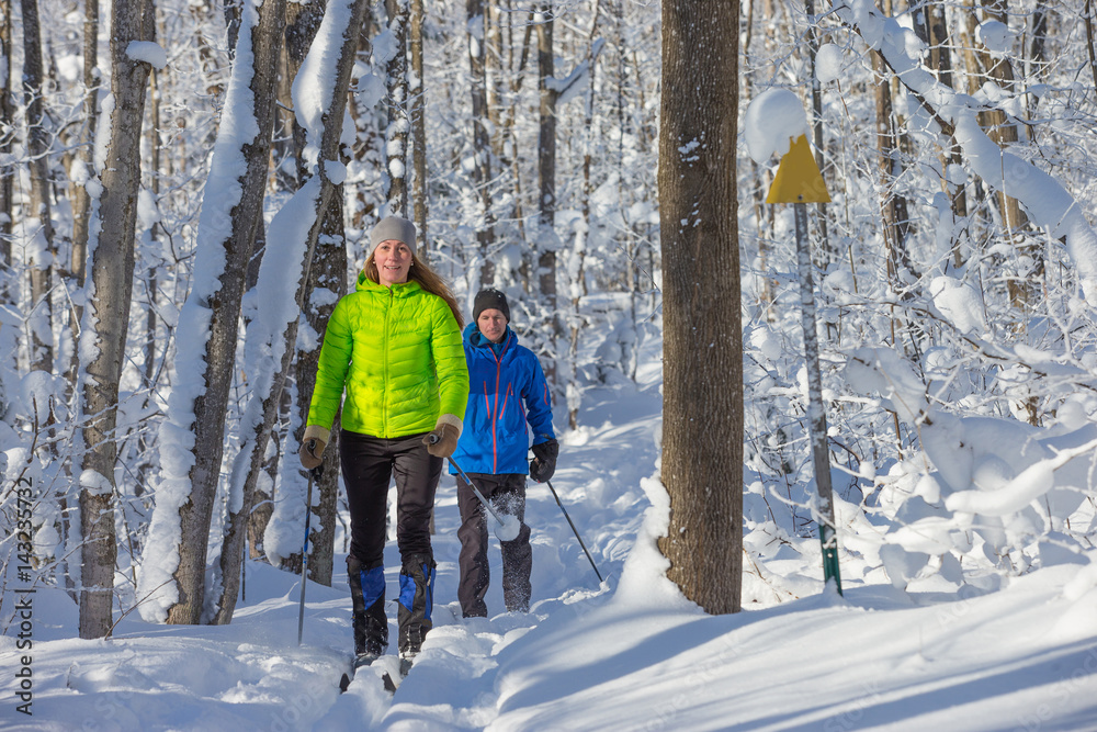 Couple cross country skiing in winter
