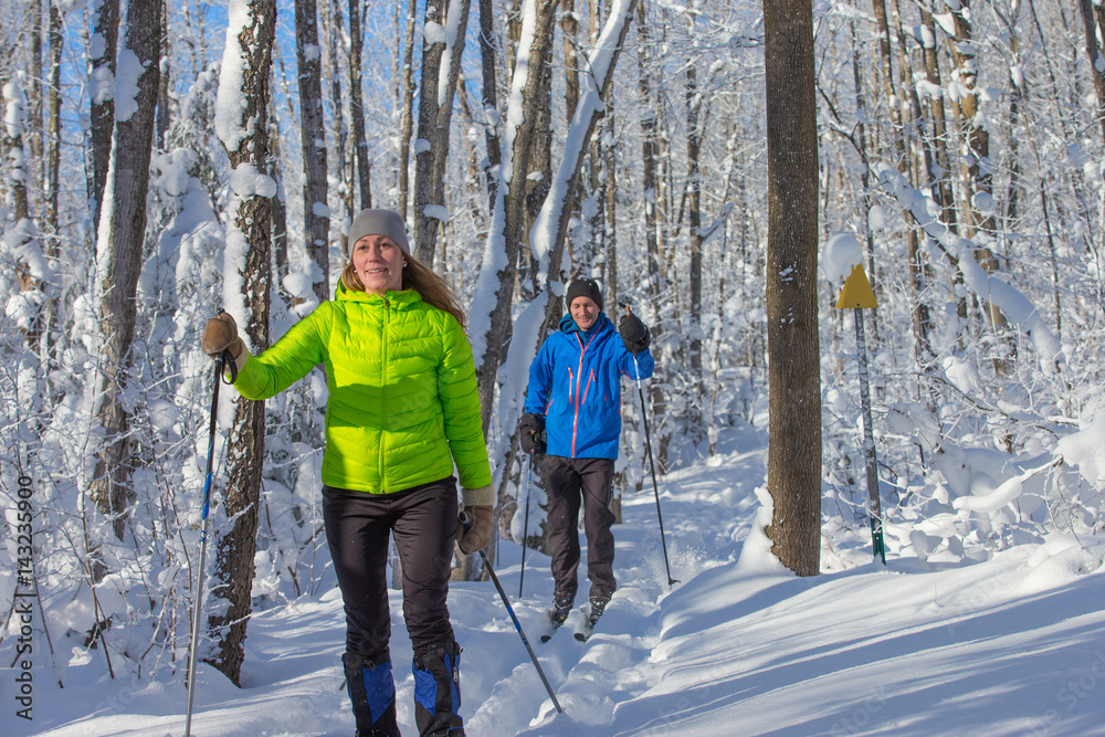Couple cross country skiing in winter