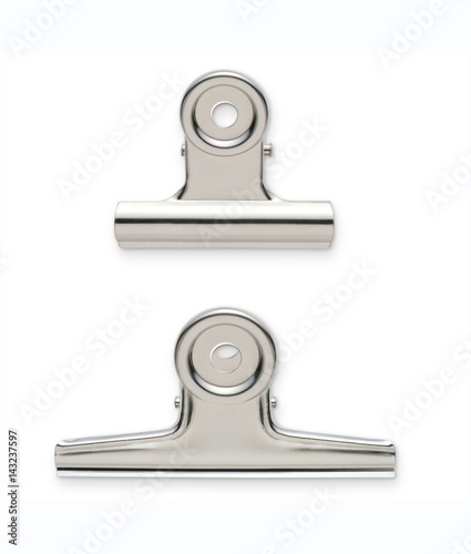 Metal bulldog clips isolated on white background with clipping mask.
