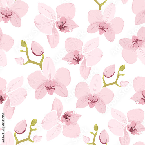 Pink purple tender orchid floral seamless pattern. Exotic spring summer flowers bloom blossom foliage garland bouquet. Isolated on white background. Vector design illustration.