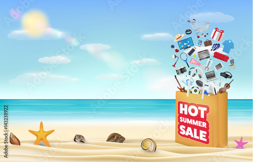 hot summer sale shopping bag with many product floating over on a sea sand beach