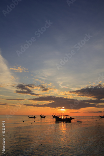 Landscape of sky and sea which has group of small fishing boat at dawn   Songkhla province  Thailand