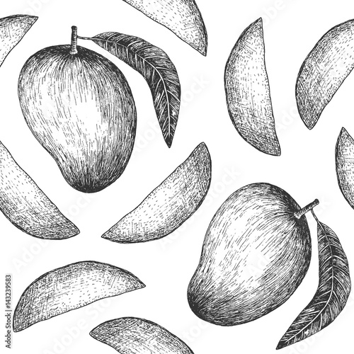 Seamless pattern design or background with mango. Can be adapted for natural or organic fruit products and health care goods.