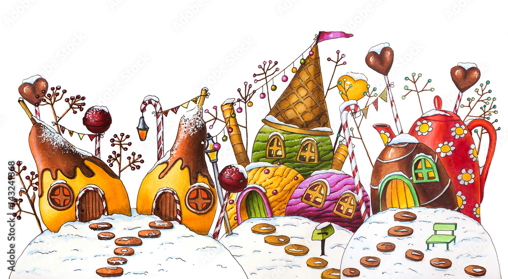 Naklejka premium Winter Christmas andy Land Street - Marker Illustration (Pears, Ice Cream, Candy)