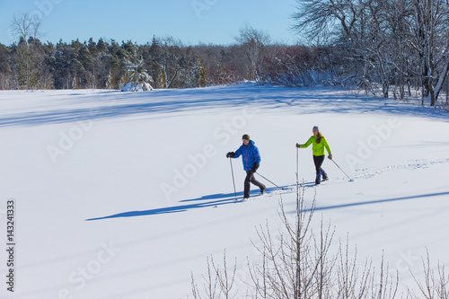 Obraz na płótnie Couple cross country skiing in winter w salonie