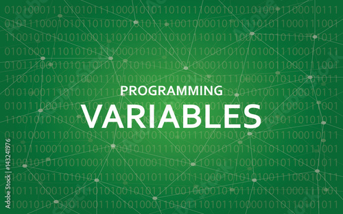 Programming variables white text illustration with green constellation map as background