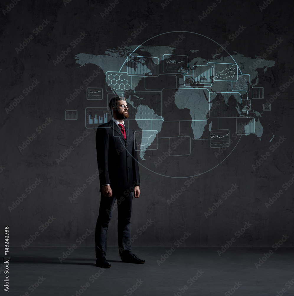 Businessman standing over futuristic map background. Business, technology, future, globalization concept.