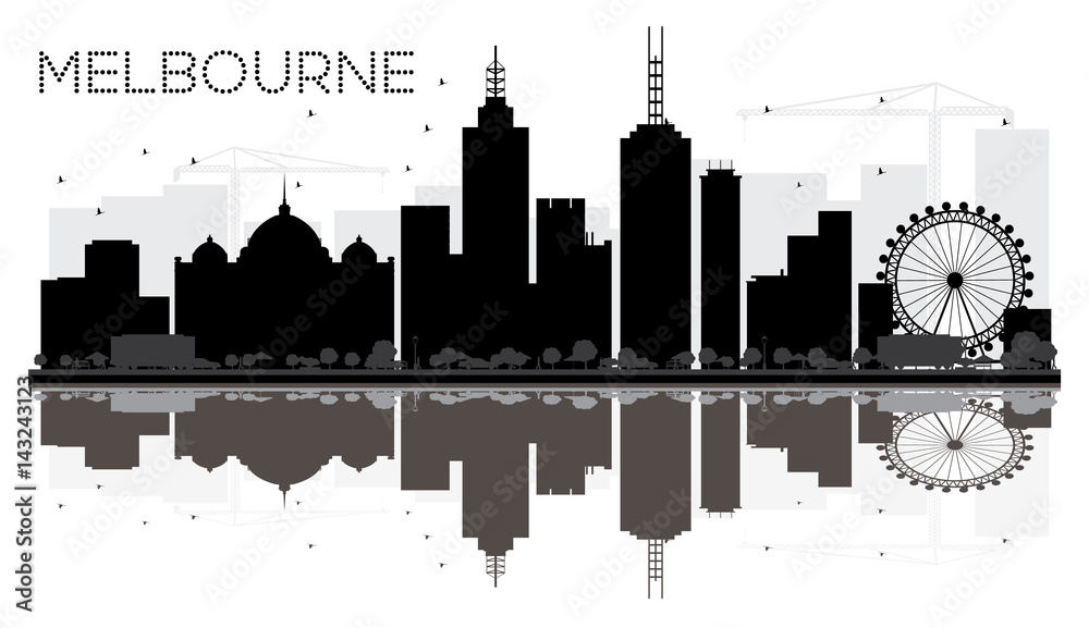 Melbourne City skyline black and white silhouette with reflections.