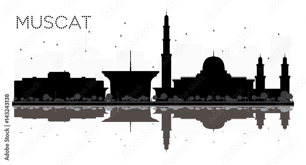 Obraz premium Muscat City skyline black and white silhouette with reflections.