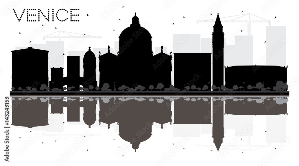 Venice City skyline black and white silhouette with reflection.