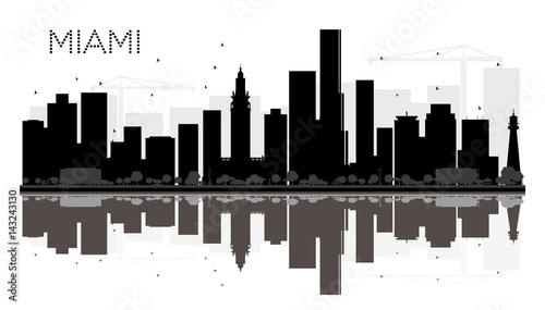 Miami City skyline black and white silhouette with reflections.