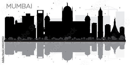 Mumbai City skyline black and white silhouette with reflection.