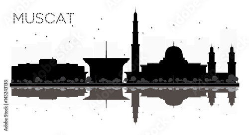 Muscat City skyline black and white silhouette with reflections.