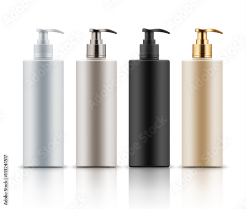Empty and clean realistic plastic bottles with pump dispenser. Blank template container for shower gel, shampoo, cream or lotion. Mock up of white, black, beige and gold package for cosmetic product.
