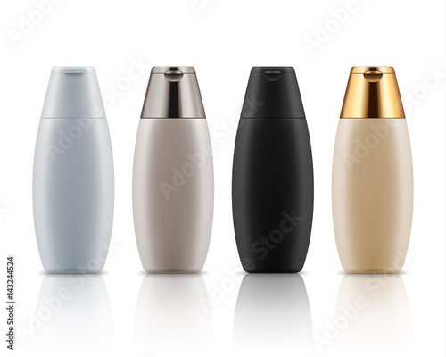 Set of blank templates of cosmetic plastic bottles. Realistic containers for shampoo, shower gel, balsam, body lotion or skin care. White, black, beige and golden packaging for cosmetic product.
