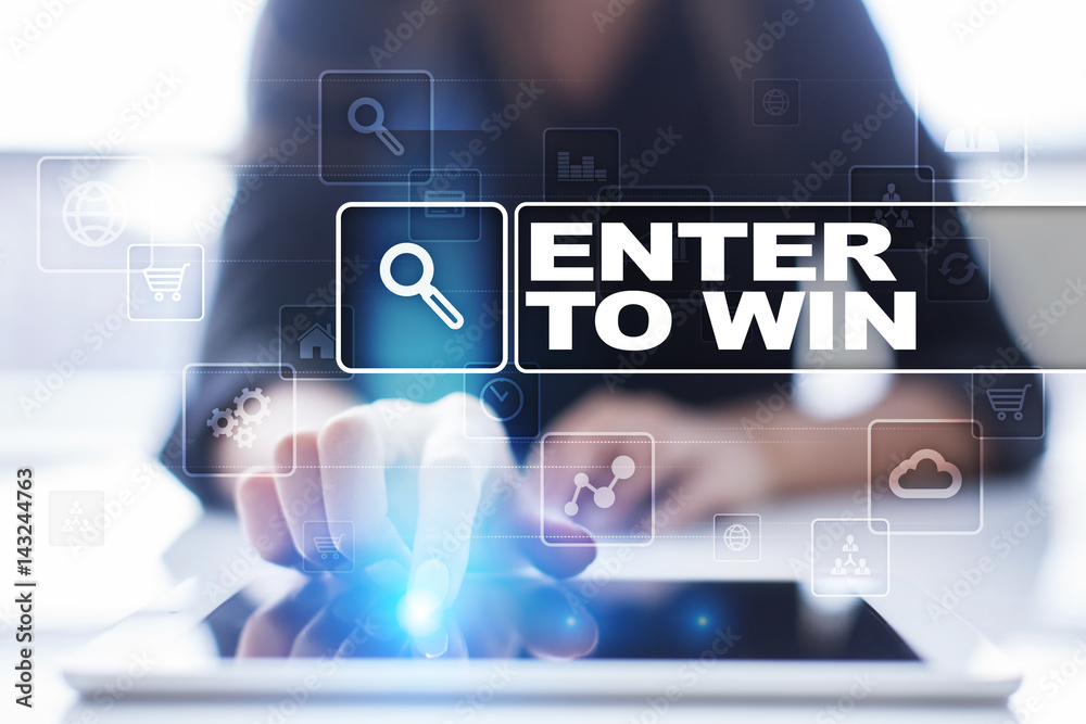 Woman using tablet pc, pressing on virtual screen and selecting enter to win. Woman using tablet pc, pressing on virtual screen and selecting enter to win.