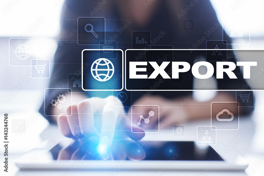 Woman using tablet pc, pressing on virtual screen and selecting export. Woman using tablet pc, pressing on virtual screen and selecting export.