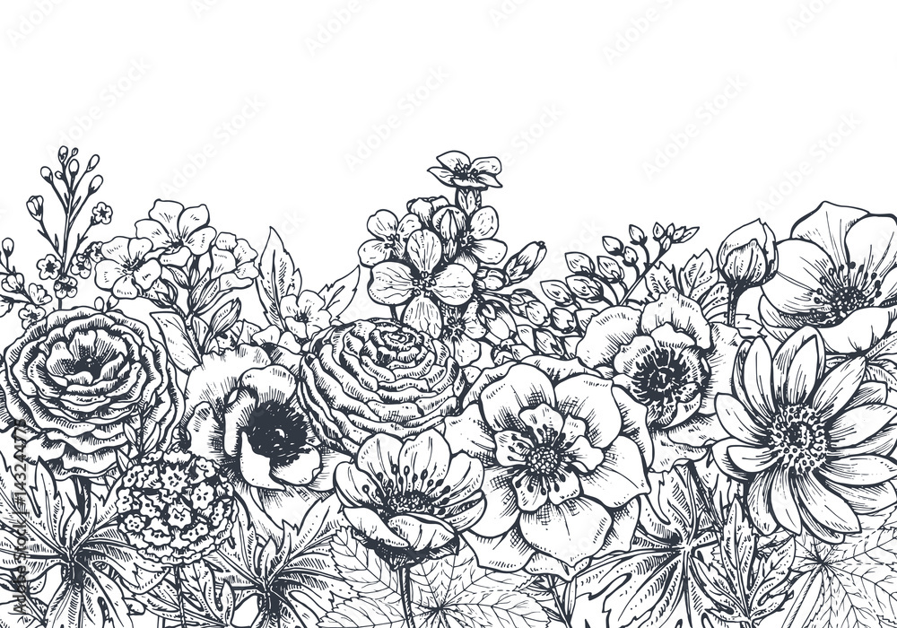 Fototapeta premium Kwiatowe tło z wiosennych kwiatów i roślin