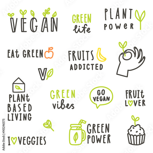 Set of vegan text signs. Vector hand drawn lettering