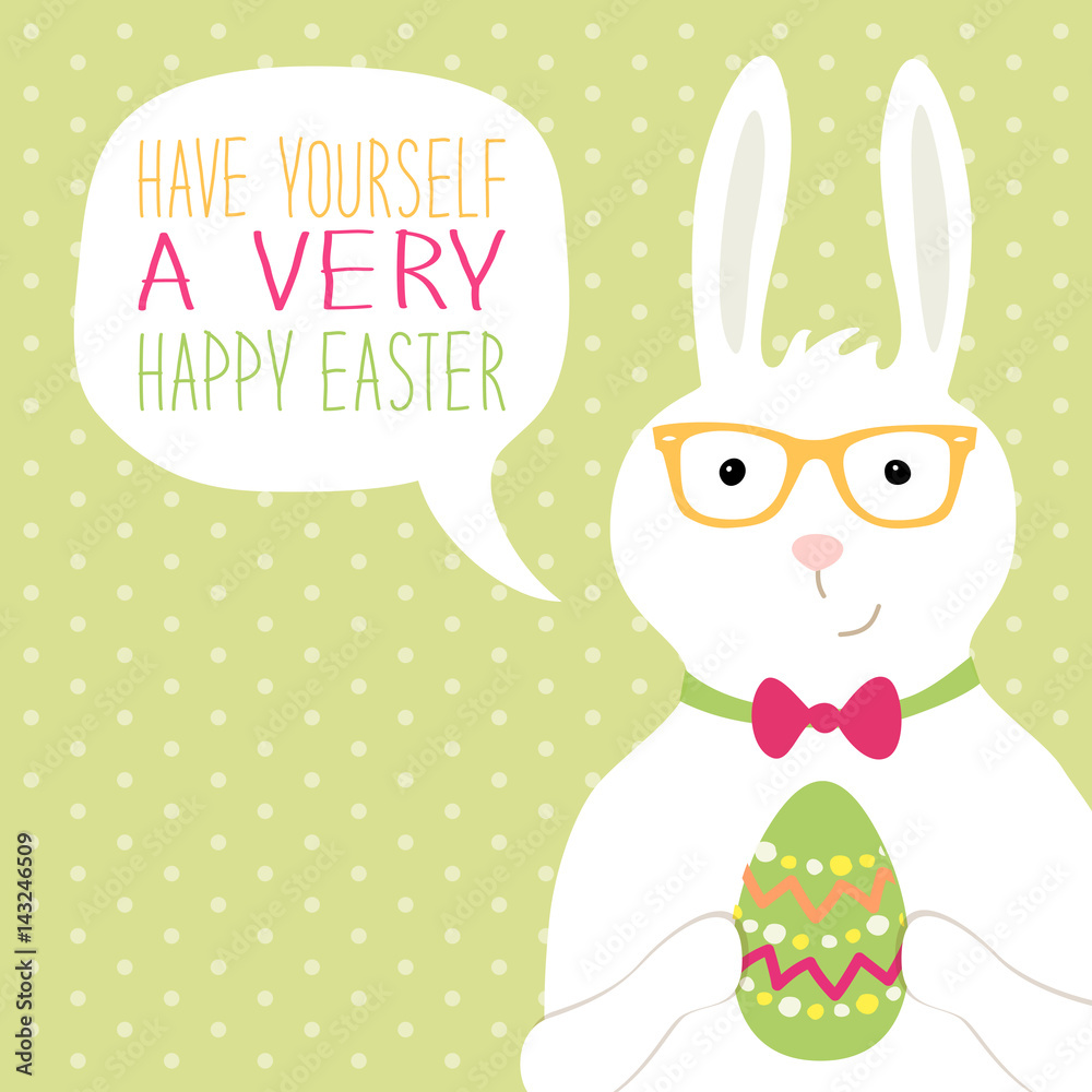 Cute hand drawn Easter card with bunny, egg and speech bubble with hand written text Cute hand drawn Easter card with bunny, egg and speech bubble with hand written text