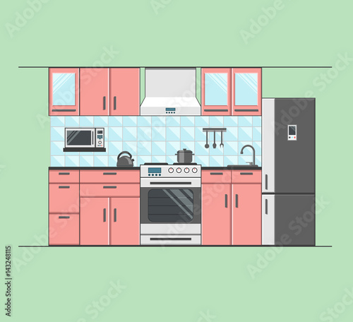 Kitchen Interior With Furniture. Microwave Oven, Fridge,Teapot and Other Equipment. Flat Style Vector Illustration.