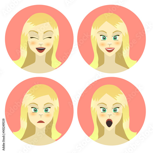 Girl , woman emotions character, joy, happiness, surprise, anger, equanimity, cartoon character, flat style. Vector illustration