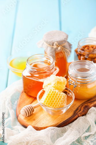 Honey on a board. Selective focus.