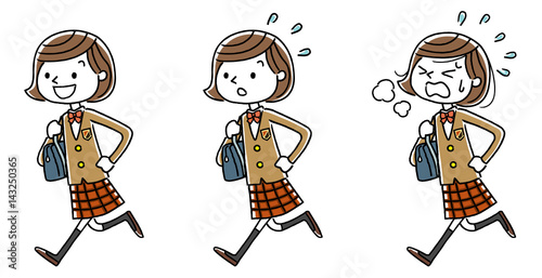 女子学生：走る、セット、バリエーション
