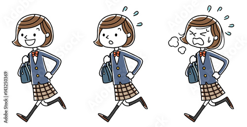 女子学生：走る、セット、バリエーション
