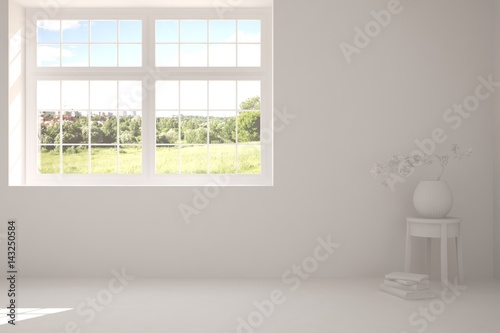 White empty room with summer landscape in window. Scandinavian interior design. 3D illustration