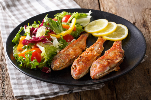 Delicious fried fish red mullet with fresh salad closeup. horizontal