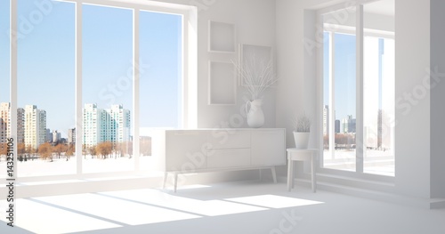 White empty room with urban  landscape in window. Scandinavian interior design. 3D illustration