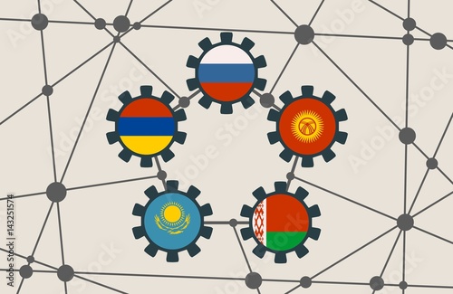 EAEU - Eurasian Economic Union association of five national economies members flags in gears. Global teamwork. Molecule And Communication Background. Brochure design. Connected lines with dots photo