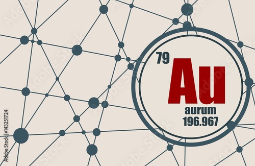 Gold chemical element. Sign with atomic number and atomic weight. Chemical element of periodic table. Molecule And Communication Background. Connected lines with dots.