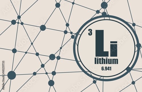Lithium chemical element. Sign with atomic number and atomic weight. Chemical element of periodic table. Molecule And Communication Background. Connected lines with dots.