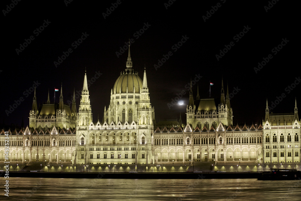 The majestic view of the Hungarian parliament in Budapest city center.