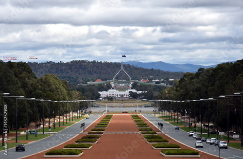 Canberra, Australia - March 18, 2017. Anzac Parade running from The Australian War Memorial in direction of Parliament House, Canberra. View of Anzac Parade and Parliament House in Canberra, Australia